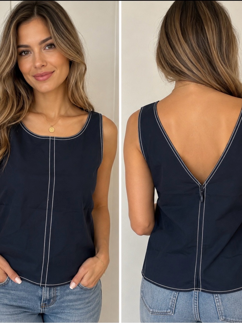 J. Crew Navy Sleeveless Top with Contrast Stitching